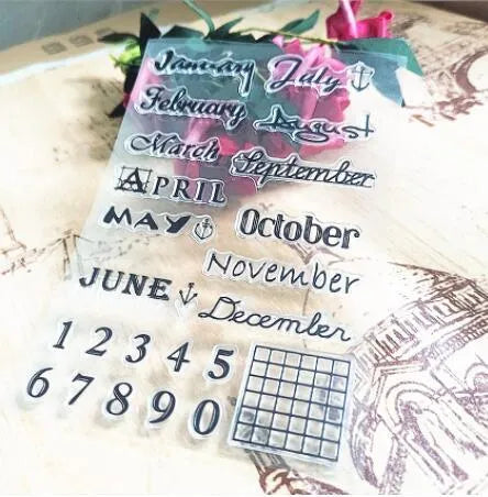Transparent silicone craft seal with a vintage calendar icon design for paper stamping.