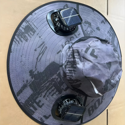 Men's grey solar fan cap with large peak and integrated cooling fans on the front.