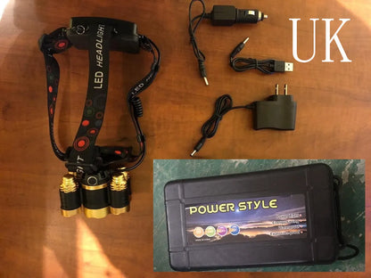 Gold or silver aluminium alloy LED head torch with adjustable zoom focus and tiltable head on an adjustable strap.