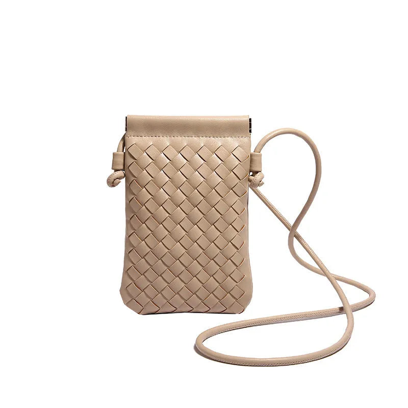 Vintage weave crossbody phone bag in pu leather showing vertical square design and dark cell interior