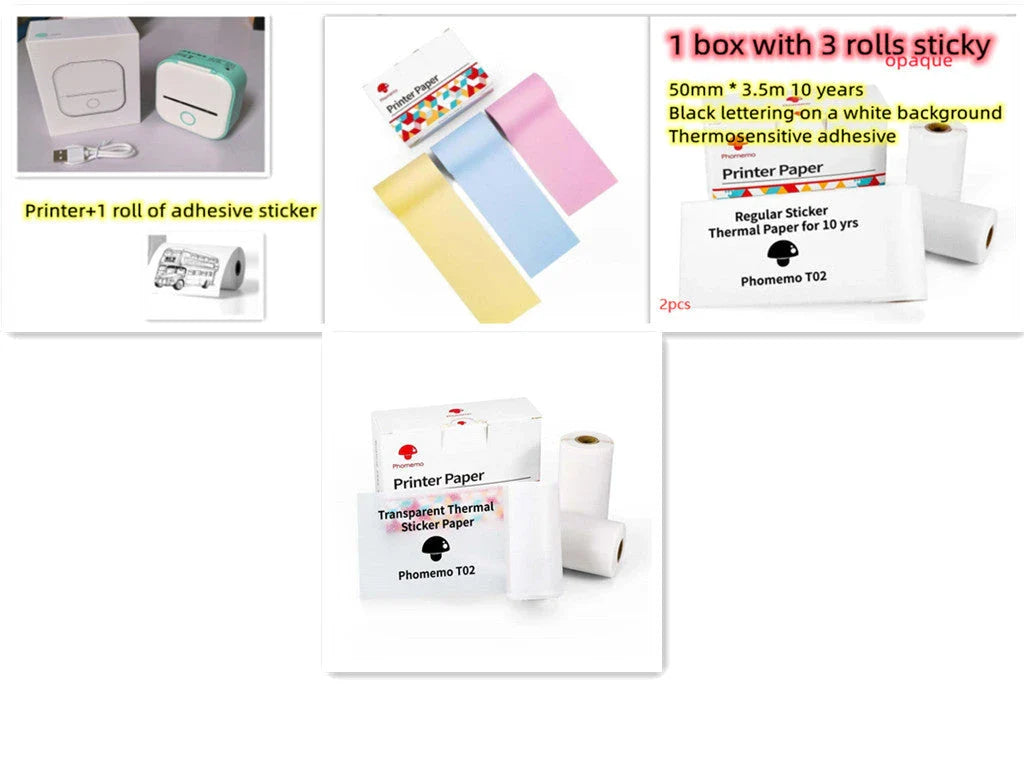 Compact Bluetooth-enabled thermal label printer in white, pink, and green colors with various label options