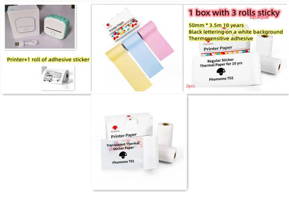 Compact Bluetooth-enabled thermal label printer in white, pink, and green colors with various label options