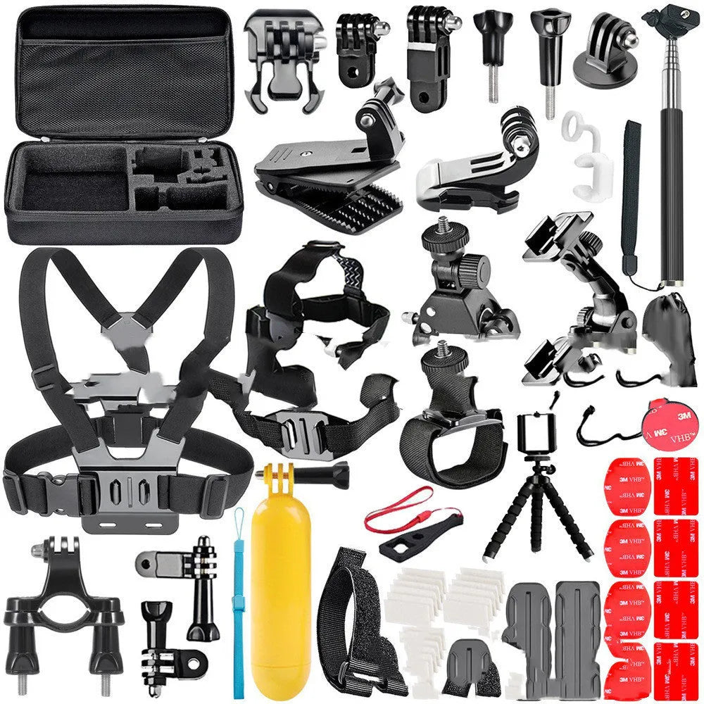 Black GoPro accessories set with chest strap, helmet mount and tripod for action camera filming
