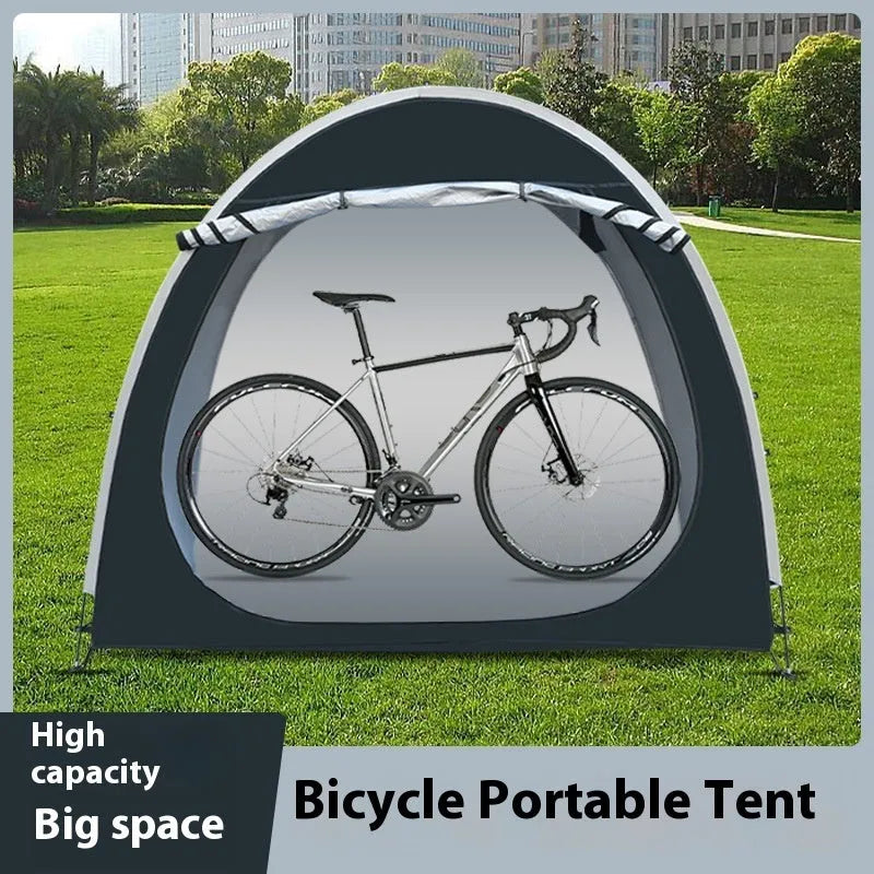 Large black outdoor roof tent for storing two bicycles, showing full assembly with brackets.