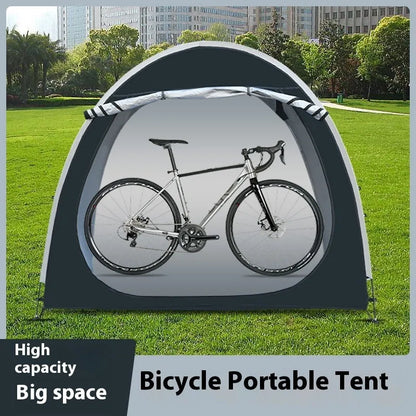 Large black outdoor roof tent for storing two bicycles, showing full assembly with brackets.
