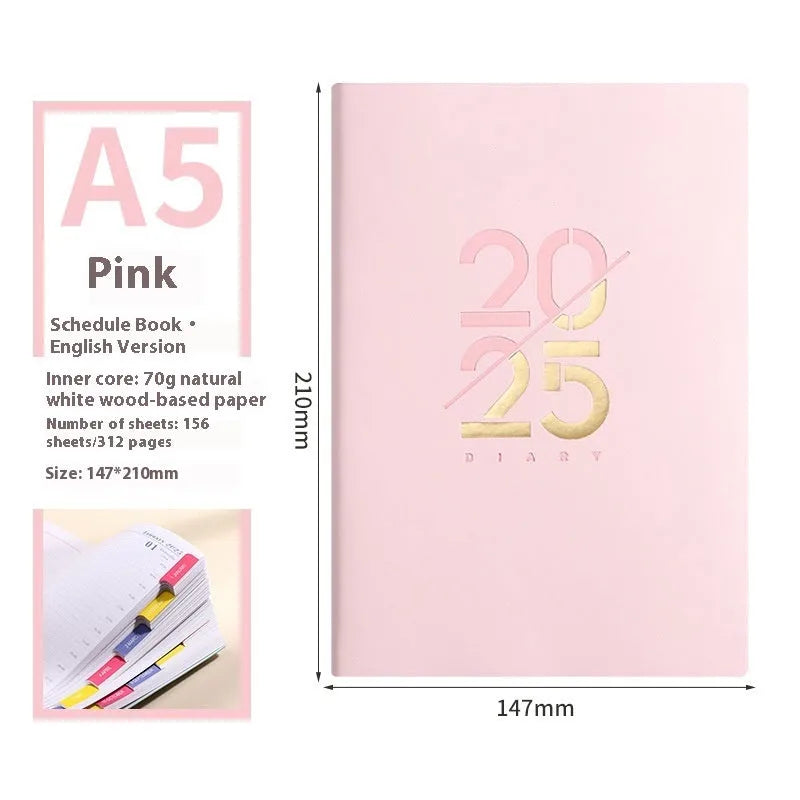 A5 daily planner schedule book with soft faux leather cover in multiple colour options