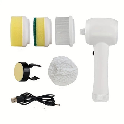 Purple and white 5-in-1 cordless electric rotary brush cleaner set for bathroom sink, kitchen, and window cleaning