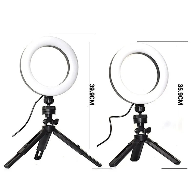 Black desktop mobile phone tripod with adjustable colour ring light for streaming