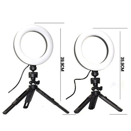 Black desktop mobile phone tripod with adjustable colour ring light for streaming
