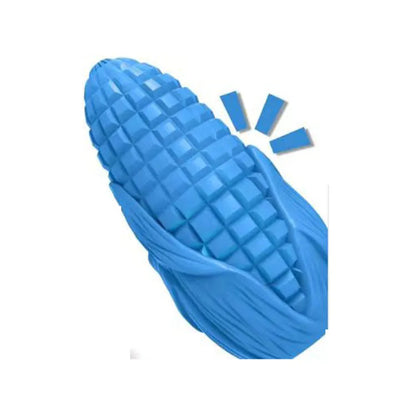 Blue and yellow corn-shaped dog chew toy with textured surface and squeaker for medium large breed dogs