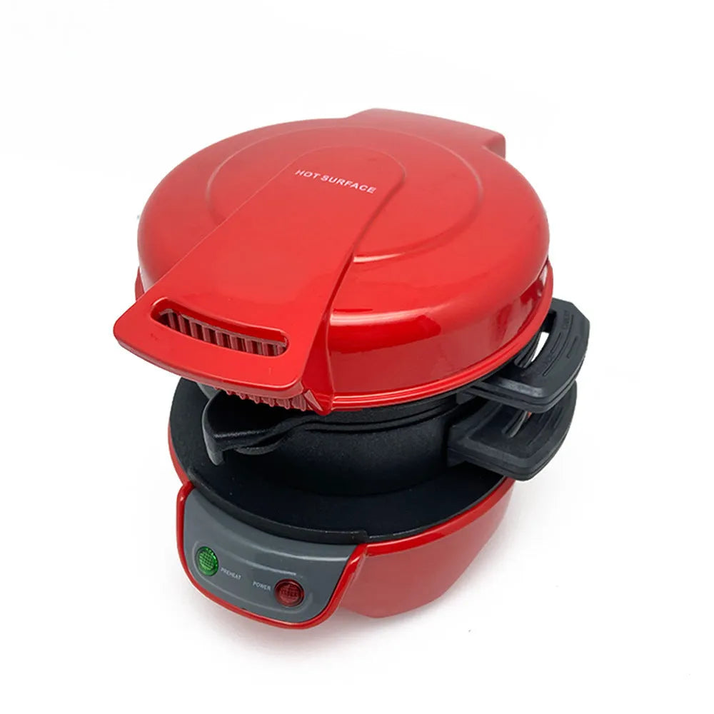 Household breakfast machine with sandwich maker and egg cooker ring in red, orange or silver grey