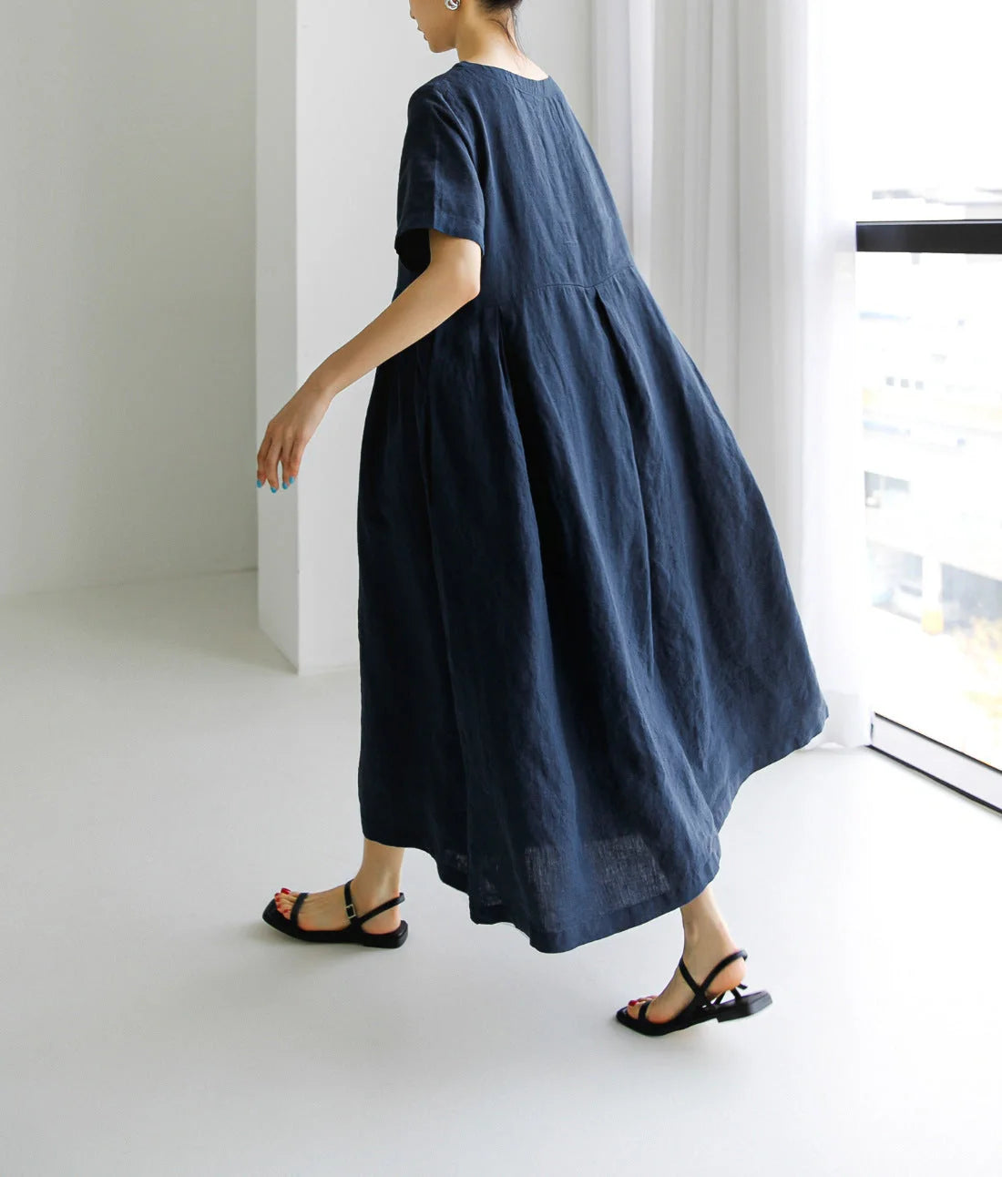 Loose cotton and linen dress in navy blue, army green, and apricot