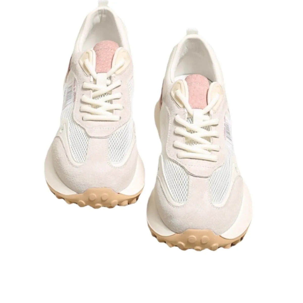 Women's grey low-top retro sneakers with mesh lining and round toe on a flat rubber sole.