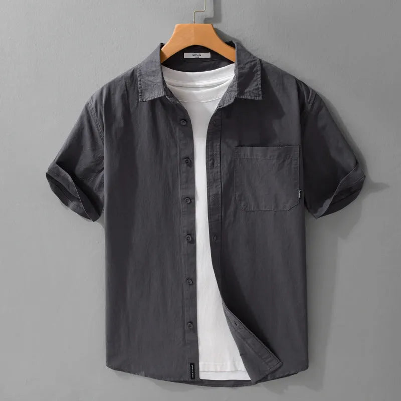 Men's casual short sleeve shirt in pure cotton with loose fit, shown in multiple colour options