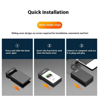 USB 3.0 to SATA external hard drive enclosure for 3.5-inch drives with slide-open cover, data cable, and power adapter