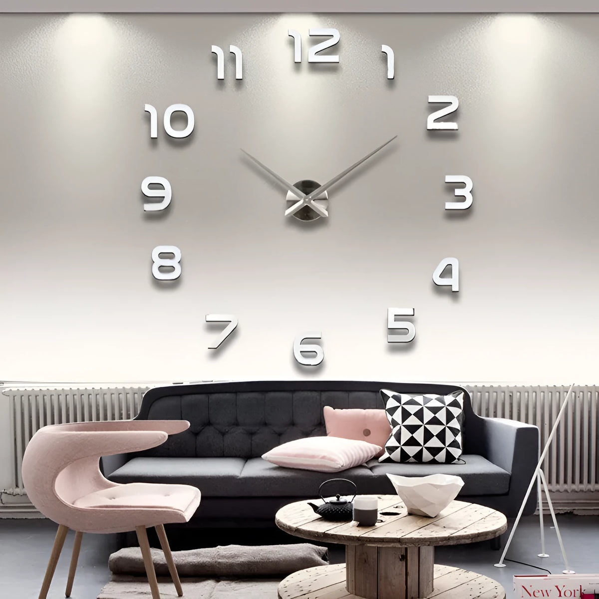 Silver-accented clear acrylic round wall clock 30cm diameter on white wall