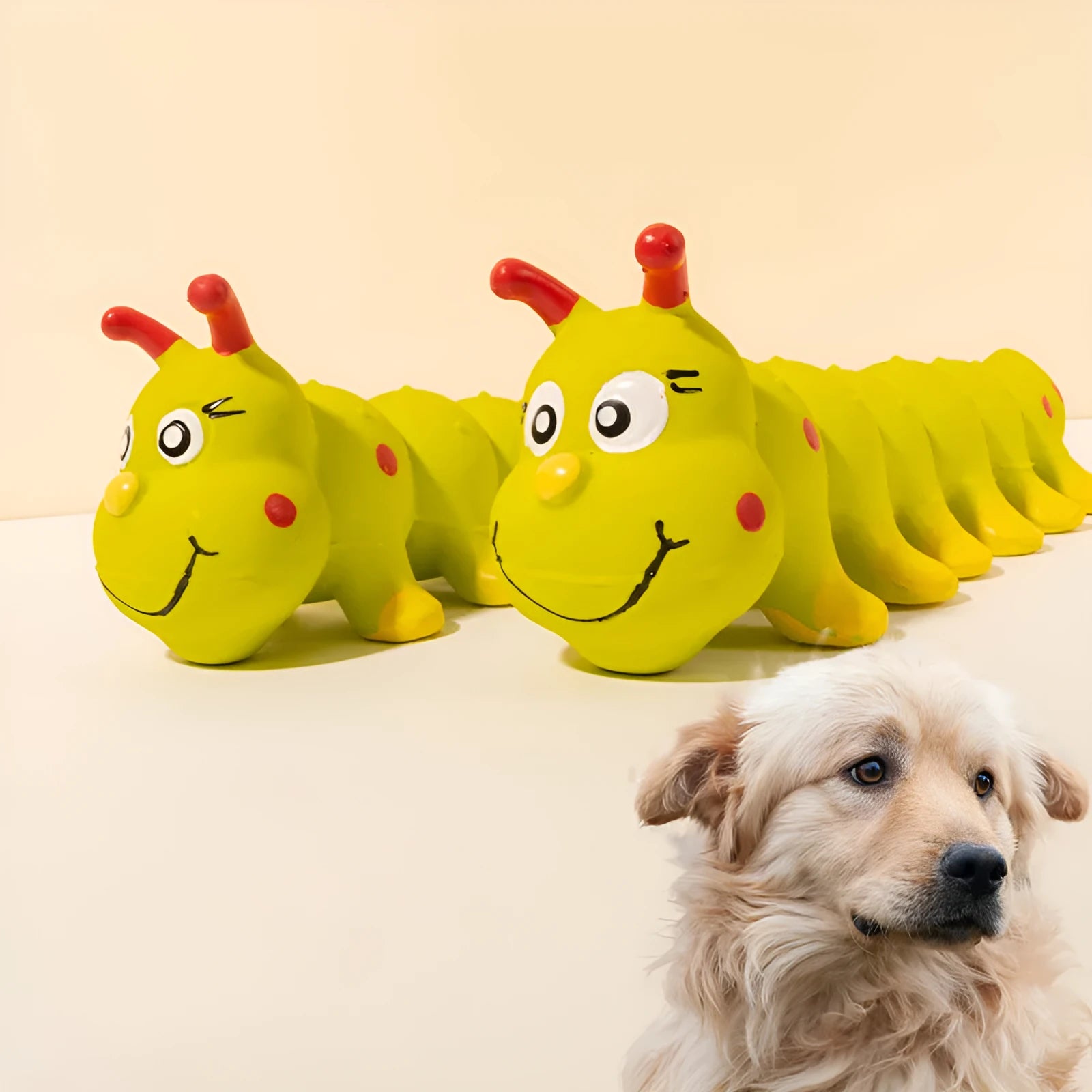 Yellow rubber caterpillar dog toy with squeaker for small medium dogs