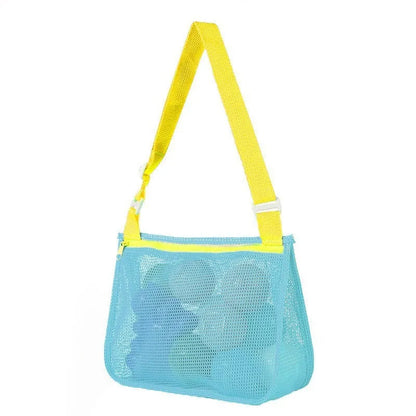 Blue children's drawstring travel storage bag made of nylon mesh for organising toys and clothes.