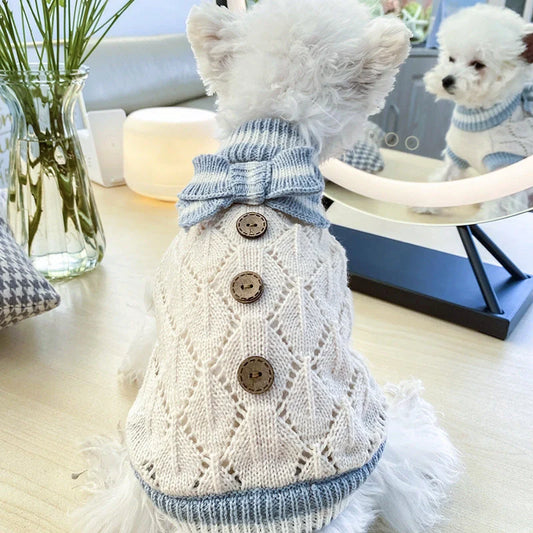 Bowknot Hollow Knit Dog Sweater with lattice pattern in various colours