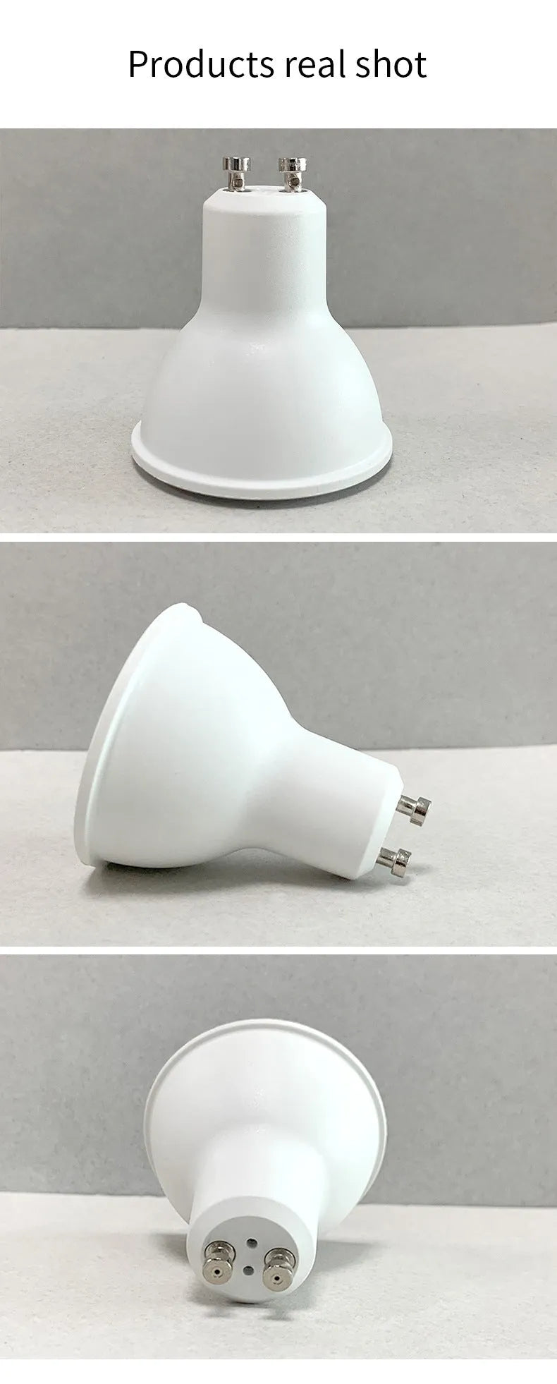 A white GU10 smart LED spotlight bulb with RGBCCT colour and Wi-Fi connectivity.