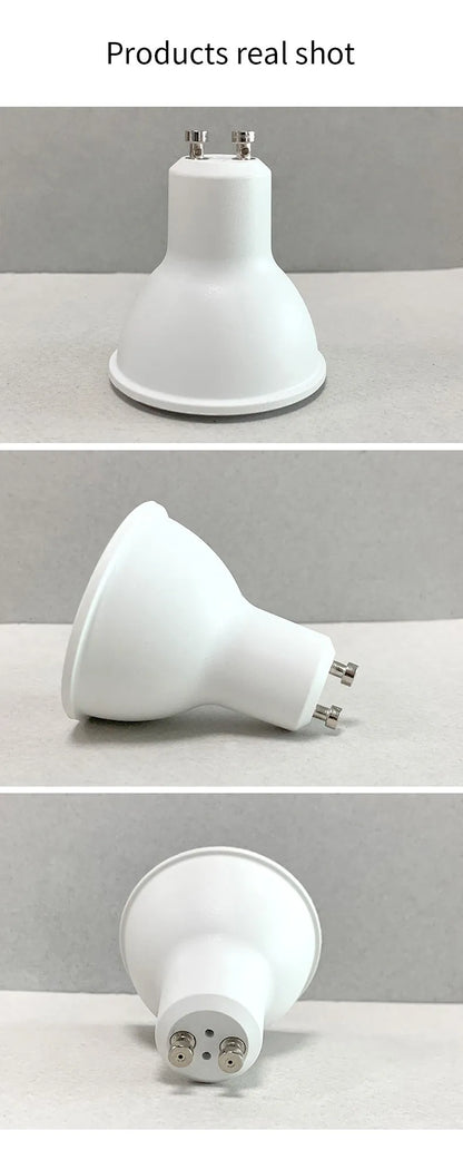 A white GU10 smart LED spotlight bulb with RGBCCT colour and Wi-Fi connectivity.