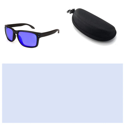 Men's sports sunglasses with polarised lenses in multiple colour options including blue, green, and grey plastic frames