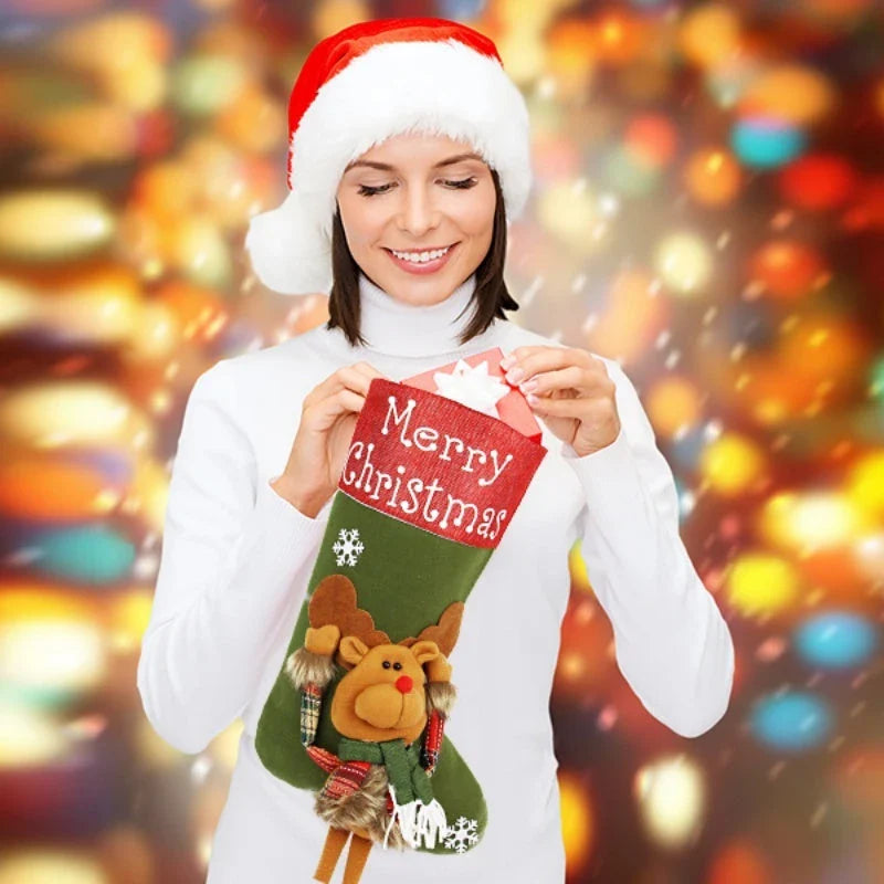 Cozy Christmas stockings with 3D appliqué designs of Santa, Snowman, and Reindeer characters