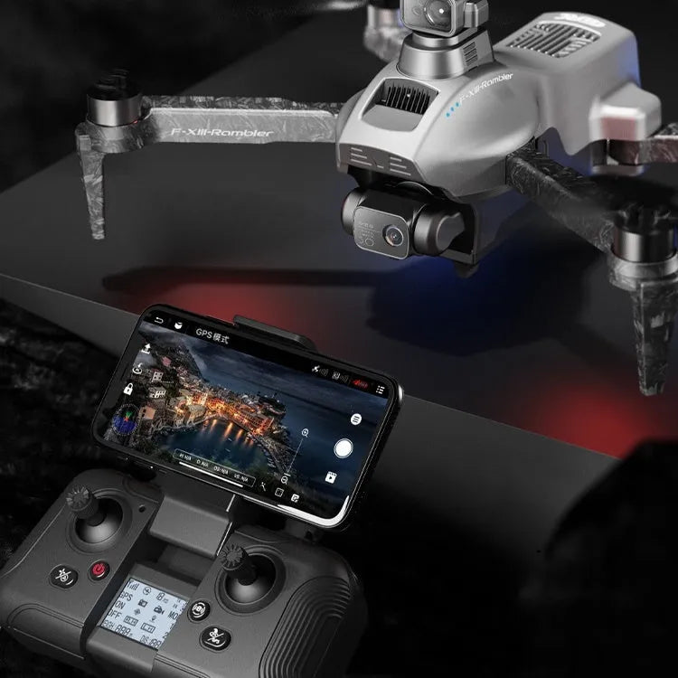 White folding quadcopter drone with camera and obstacle avoidance sensors, remote control, and shoulder bag.