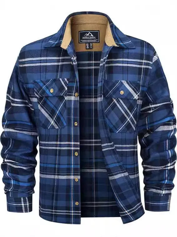 Men's polyester flannel button shirt in plaid pattern showing colour options and button-front design