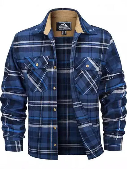 Men's polyester flannel button shirt in plaid pattern showing colour options and button-front design