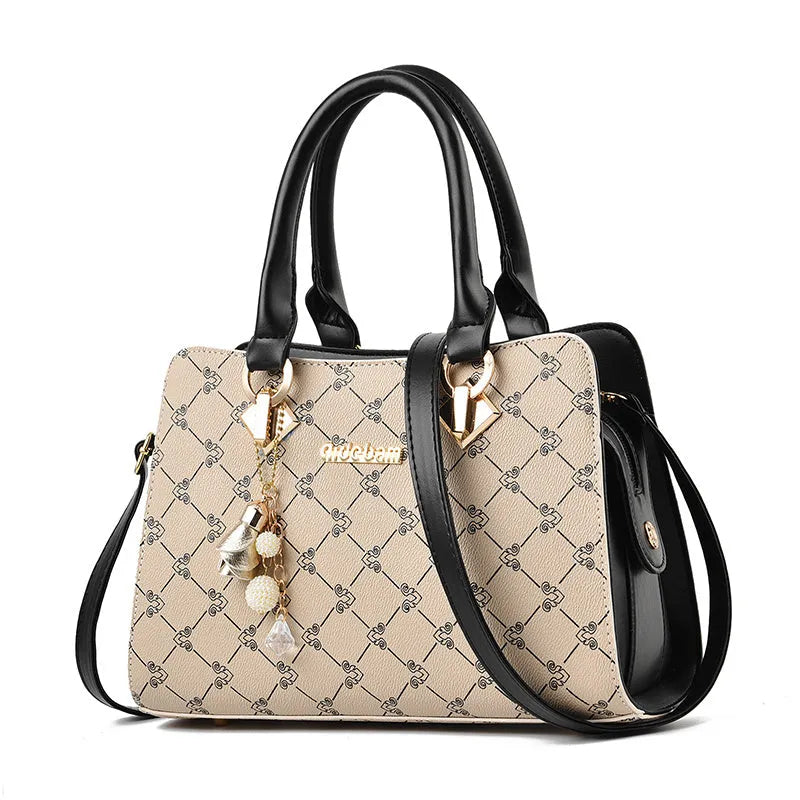 Women's geometric print PU leather messenger bag showing internal card slot, phone pocket, and document bag compartments.