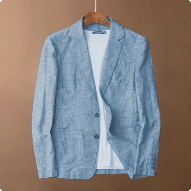 Men's lightweight linen blazer coat in solid colour on hanger showing simple design and size stick pocket