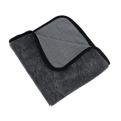 Grey square microfiber car wash towel for drying vehicles, 40cm by 40cm.