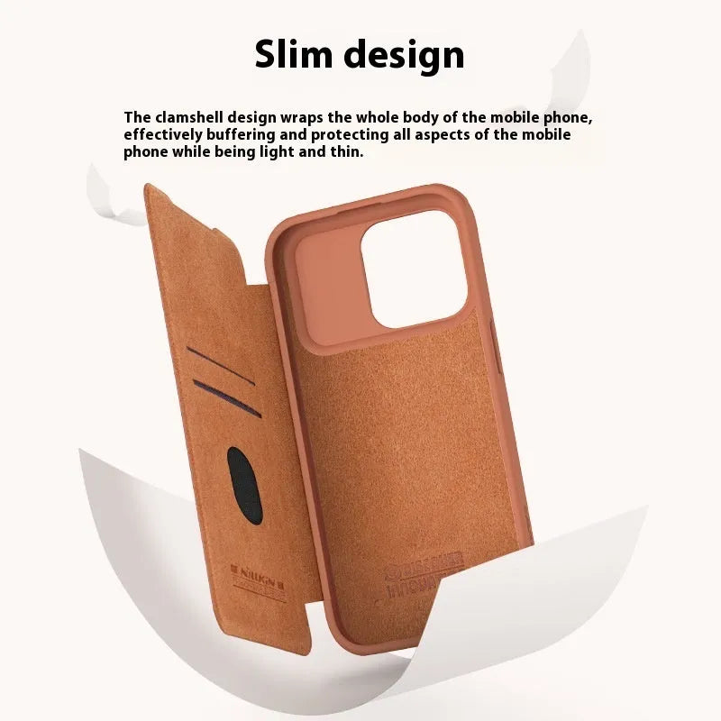 Imitation leather flip phone case for iPhone, shown in black, brown, and red colours.