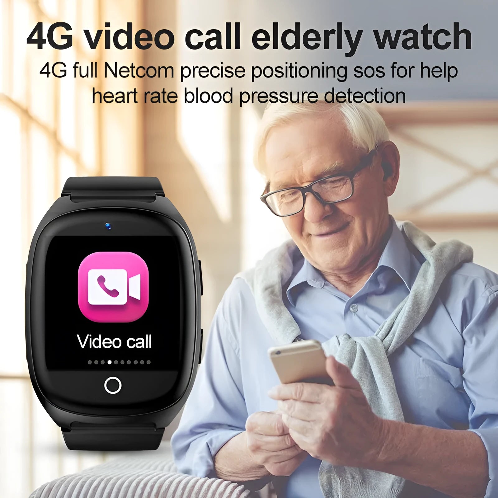 Black GPS smart watch with 1.54-inch touch screen showing SOS and health monitoring functions