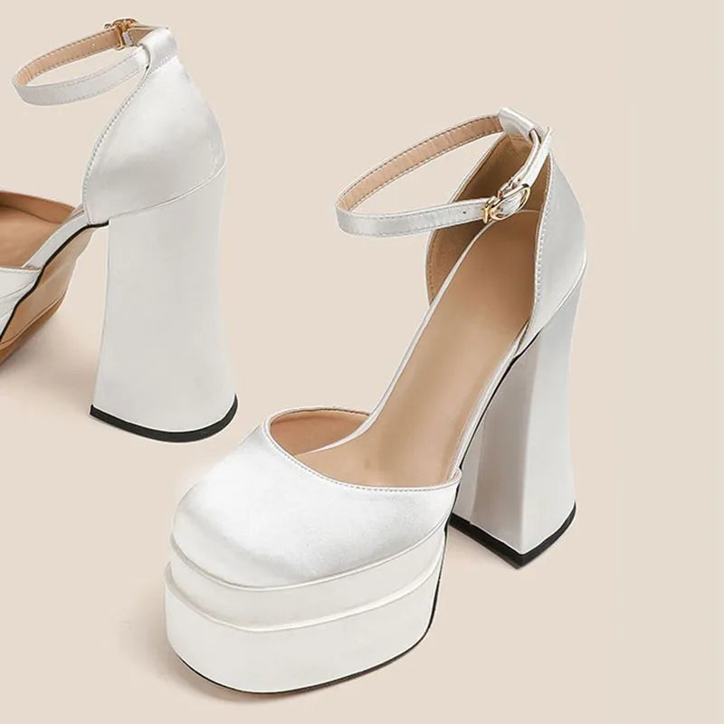 Women's white waterproof platform high heels with chunky heel and round toe design
