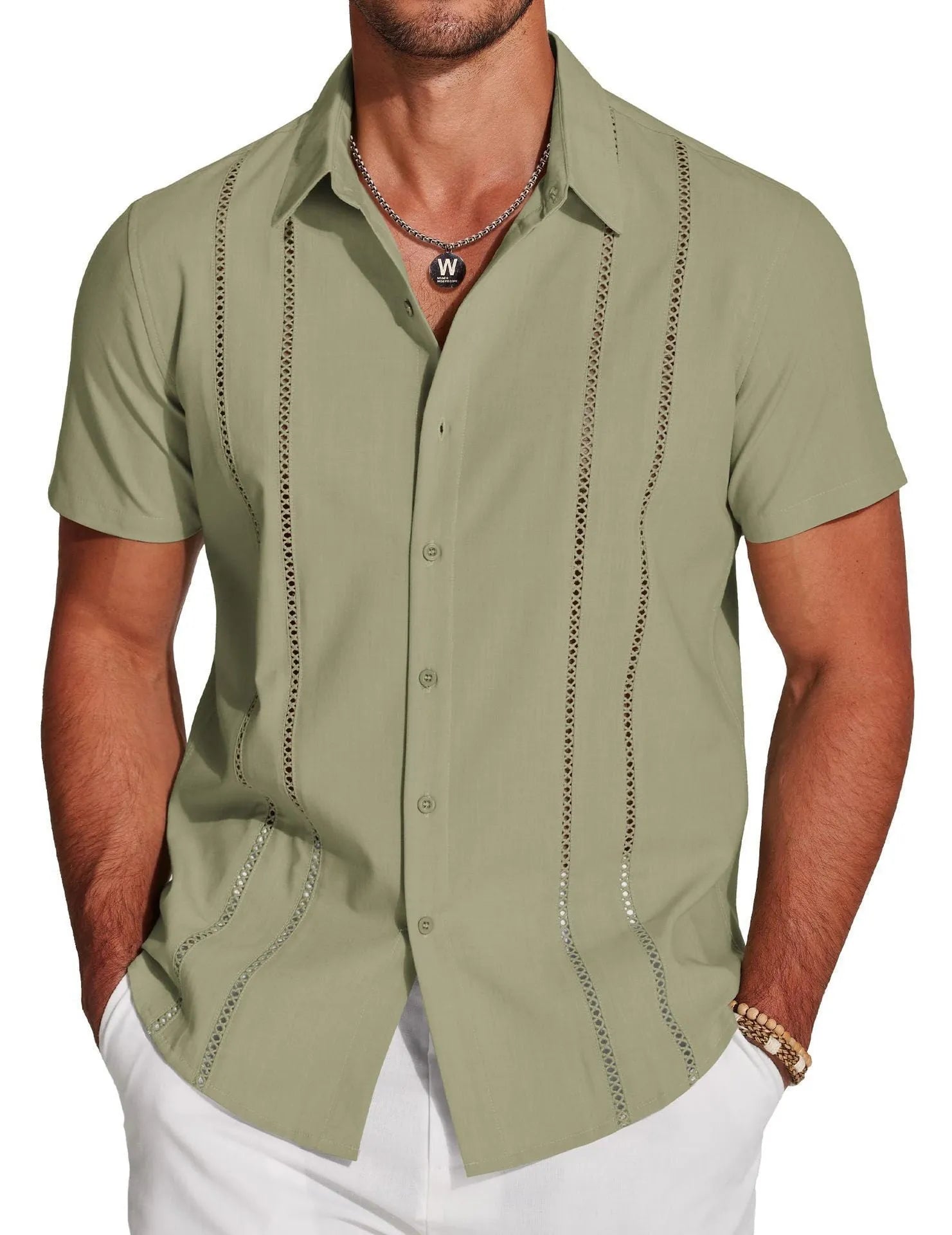 Men's slim fit Hawaiian short sleeve shirt with digital printed pattern on polyester fabric