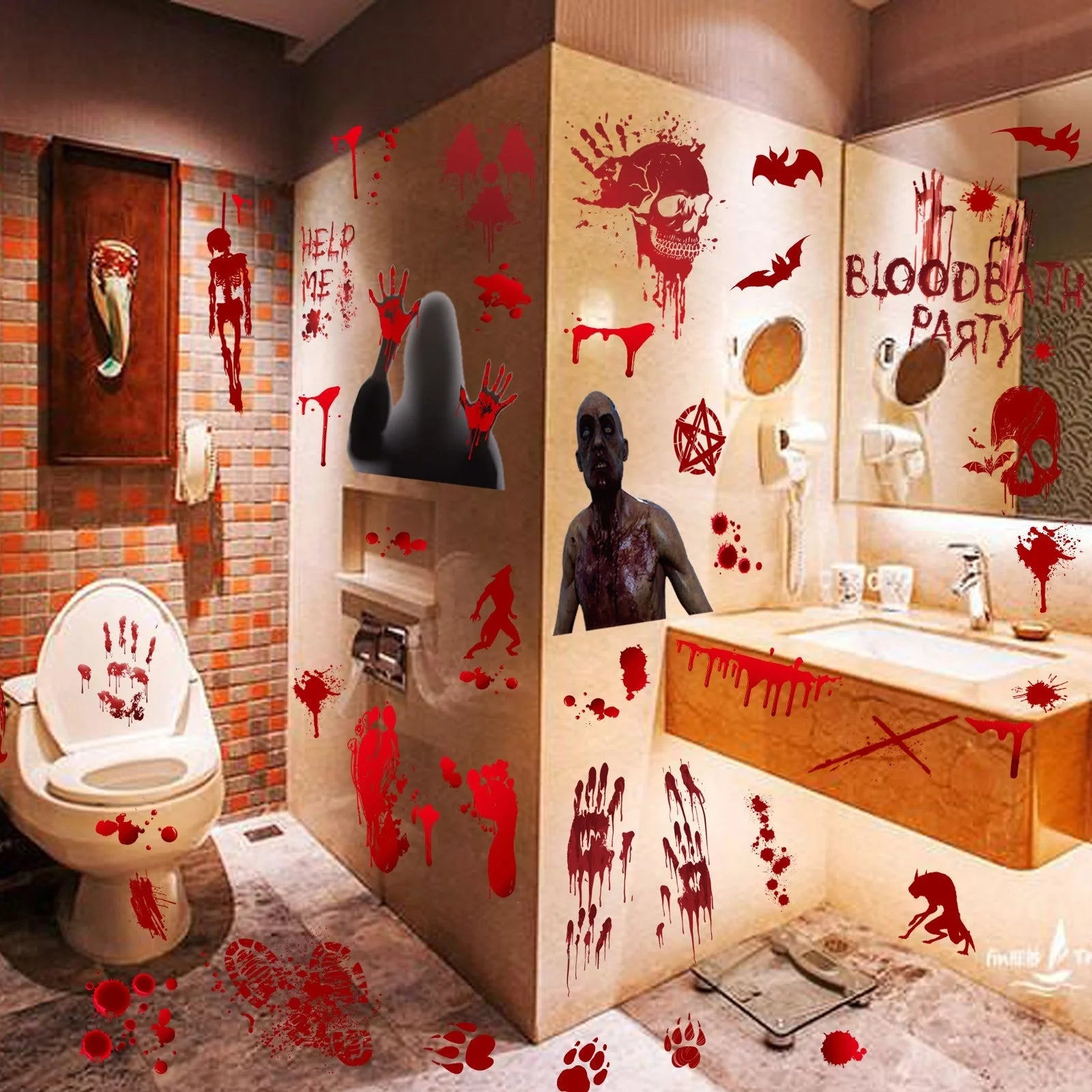 Halloween window stickers set of 9 bloody handprint and footprint decals
