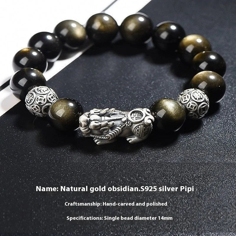 Men's S999 sterling silver and obsidian bracelet with leather strap in geometric design.