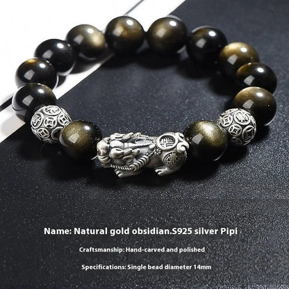Men's S999 sterling silver and obsidian bracelet with leather strap in geometric design.