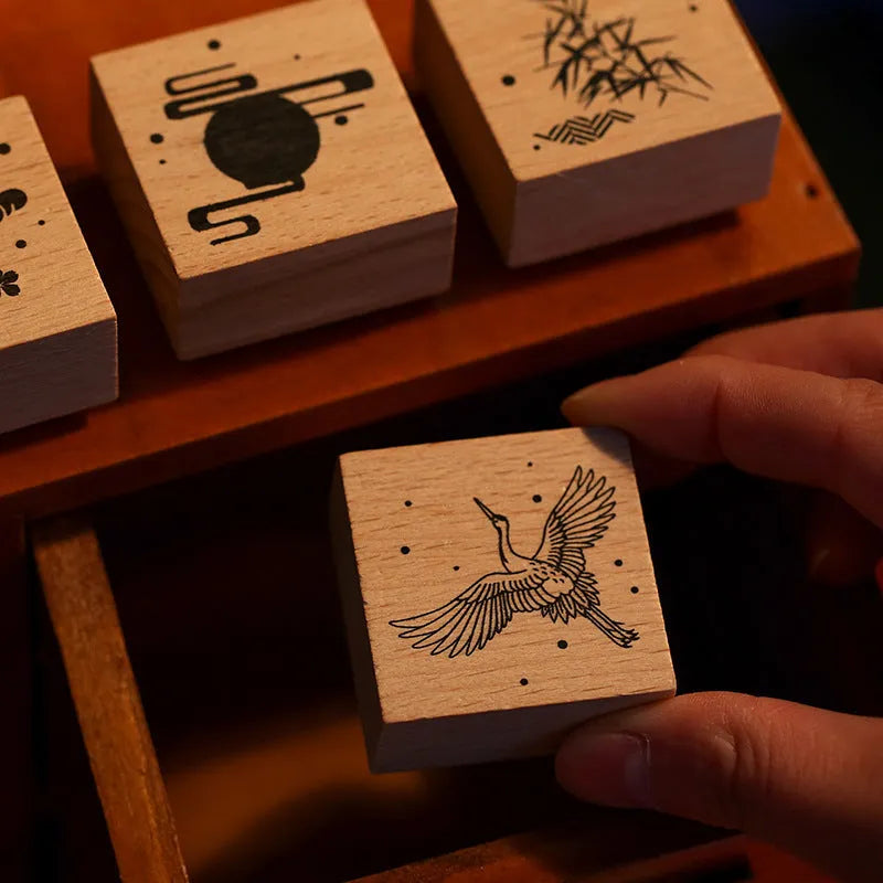 Mr. Paper wooden seal stamp with hand-carved rubber crane design for DIY printing