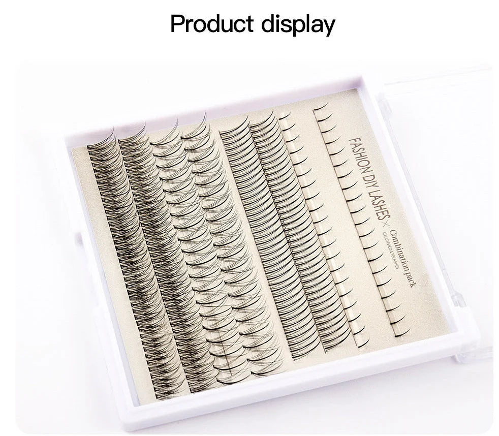 Segmented false eyelash set with single-cluster lashes, two glue bottles, tweezers, and application brush on pink background