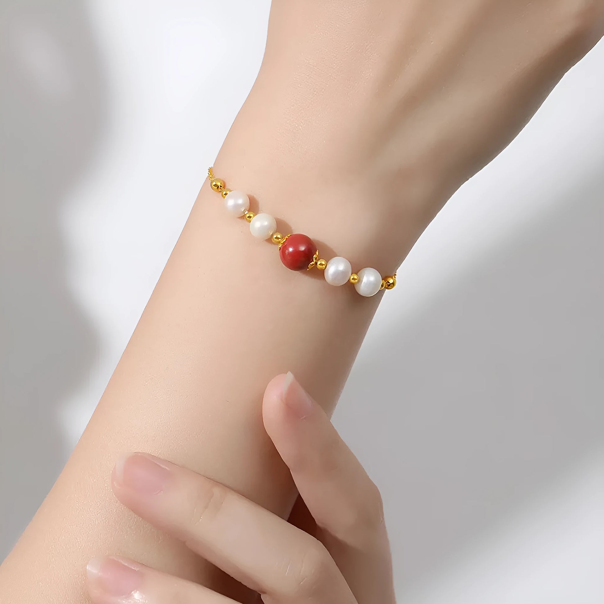 Yellow retro bracelet with red bean pearls and cinnabar on 925 silver with free size adjustment