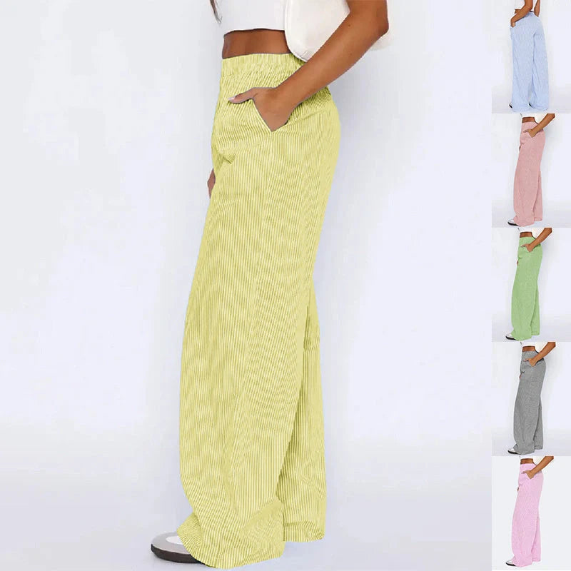 Stylish women's striped high waist wide leg trousers with pockets in various colors