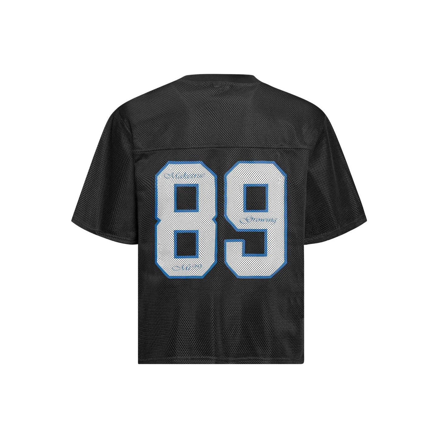 Black loose-fit casual T-shirt with white alphanumeric graphic printing on the front.