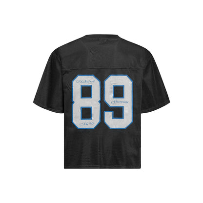 Black loose-fit casual T-shirt with white alphanumeric graphic printing on the front.