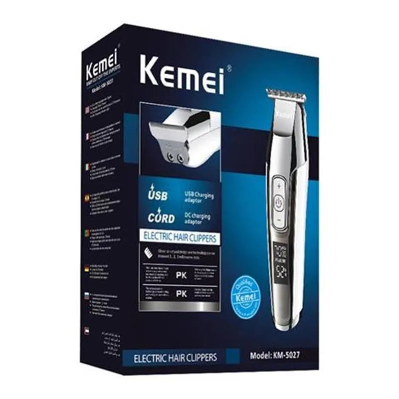 Barber scissors with LCD display and oil head engraving function, rechargeable electric scissors with stainless steel tool head, suitable for European Standard, American Standard, and USB cable compatibility, offering adjustable power up to 5W.