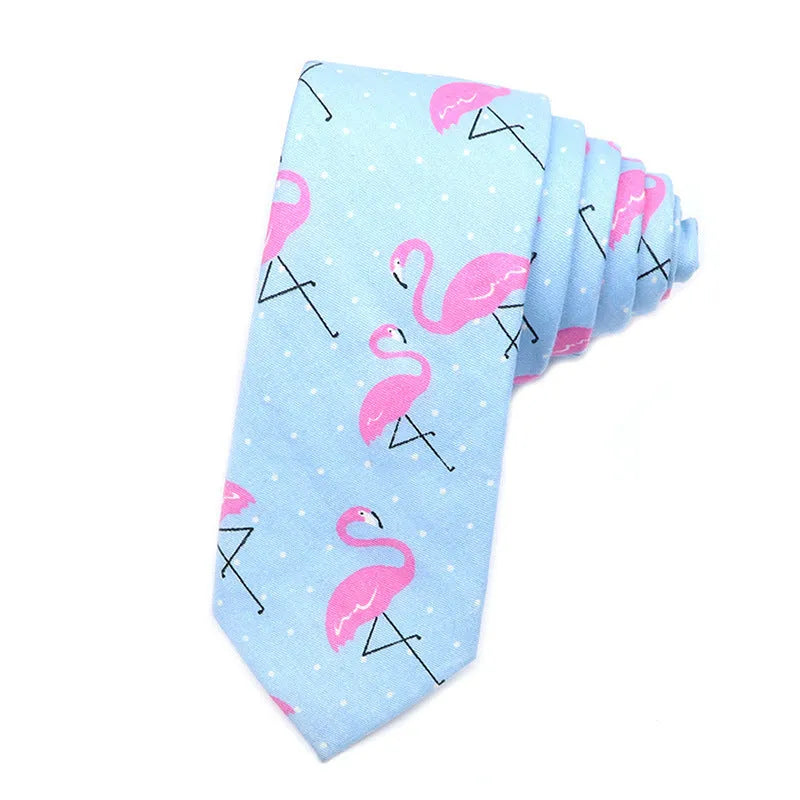 Korean style narrow men's cotton bow tie with a printed cartoon pattern on an adjustable fabric strap.