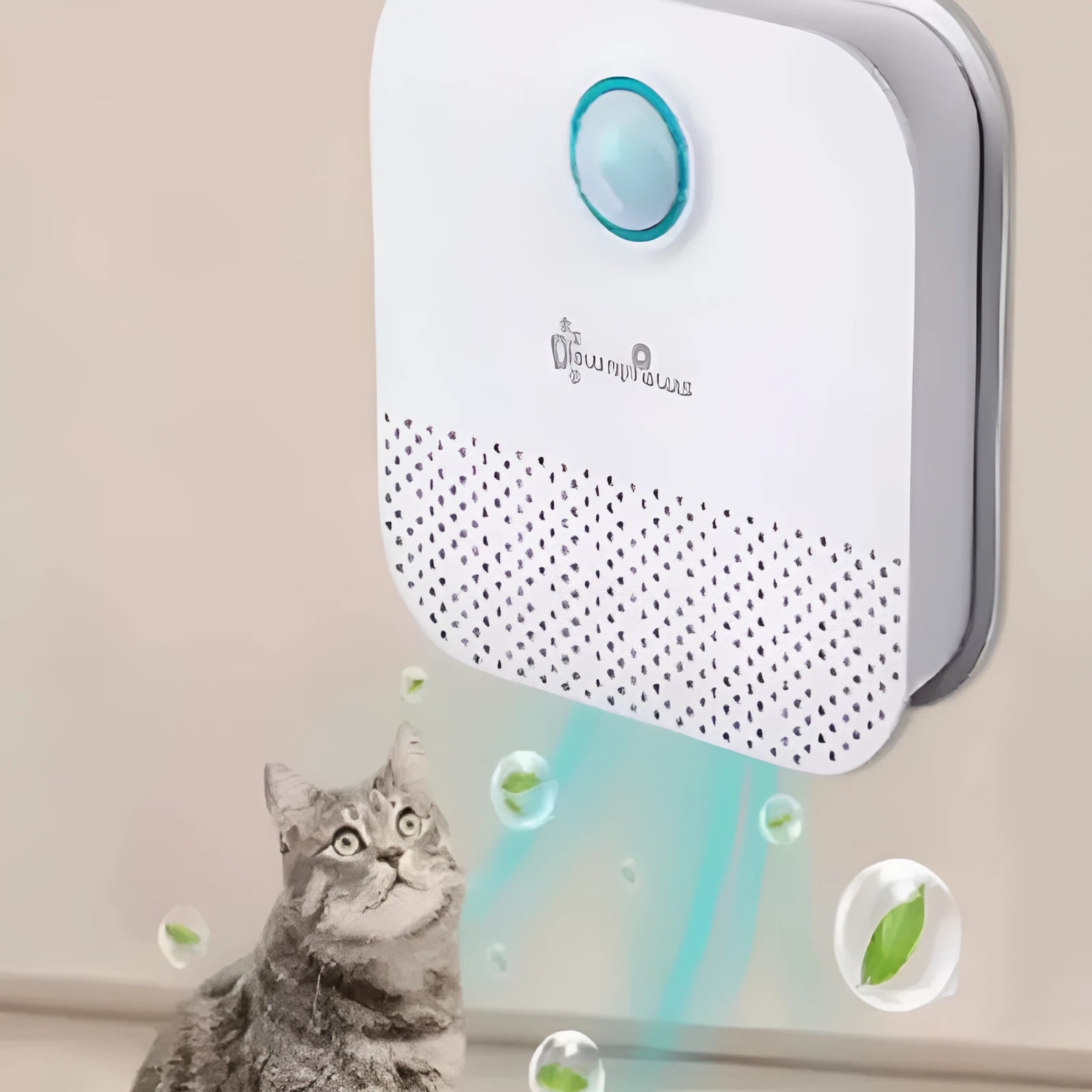 White DownyPaws 4000mAh smart cat litter odour purifier unit, measuring 9.2cm, placed beside a litter tray.