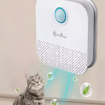 White DownyPaws 4000mAh smart cat litter odour purifier unit, measuring 9.2cm, placed beside a litter tray.
